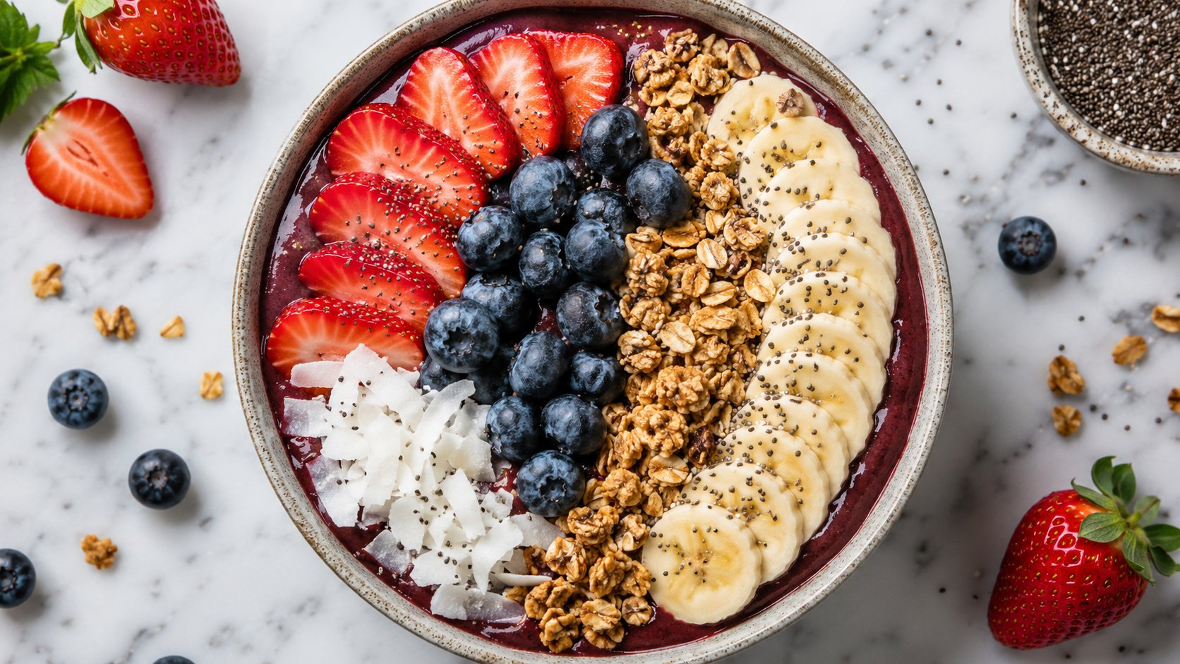 Acai bowl topped with strawberries, blueberries, granola, banana, and coconut