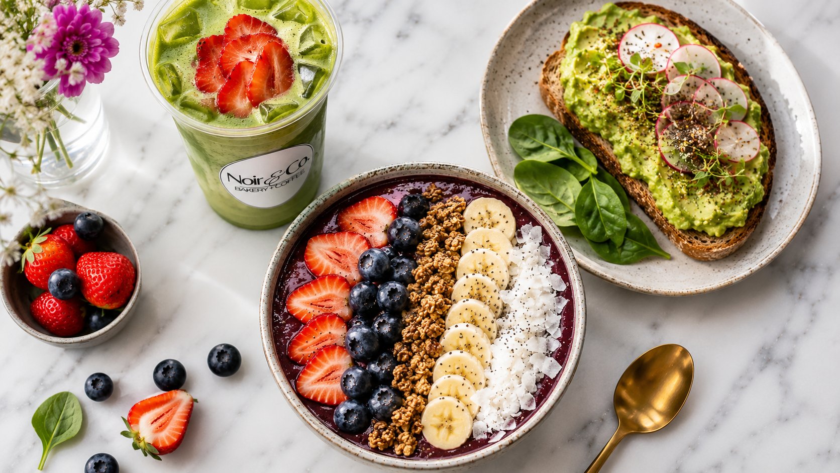 Acai bowl, avocado toast, and a matcha drink from Noir Bakery & Coffee Co.
