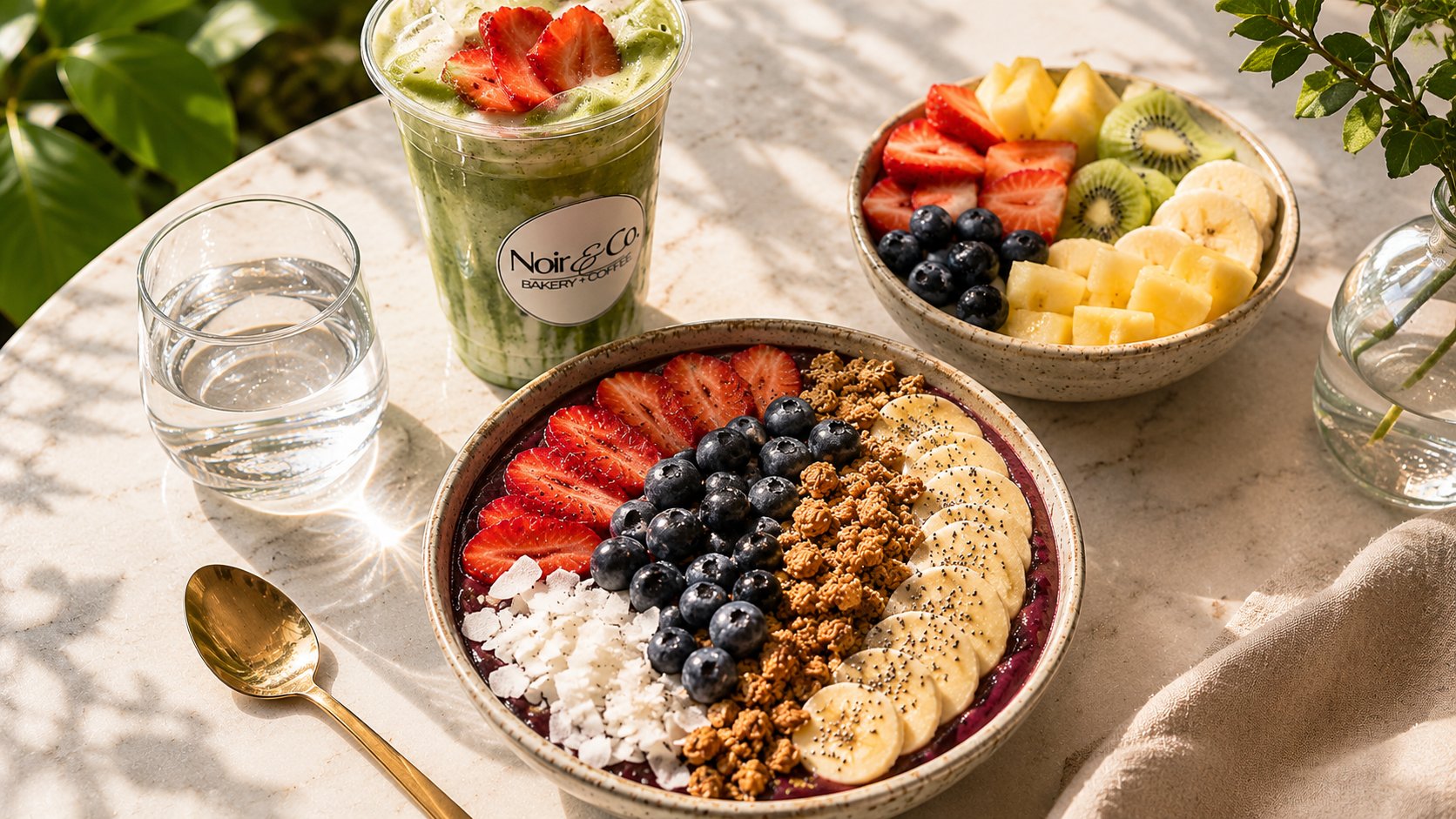 Acai bowl, matcha smoothie, and fresh fruit at Noir Bakery & Coffee Co.