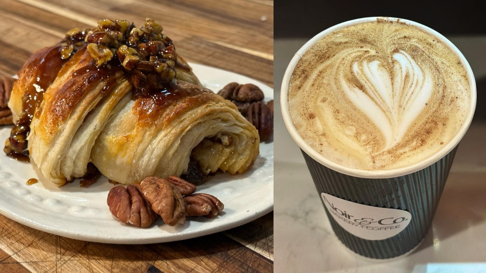 Pecan pastry and a cinnamon-dusted latte from Noir Bakery & Coffee Co.
