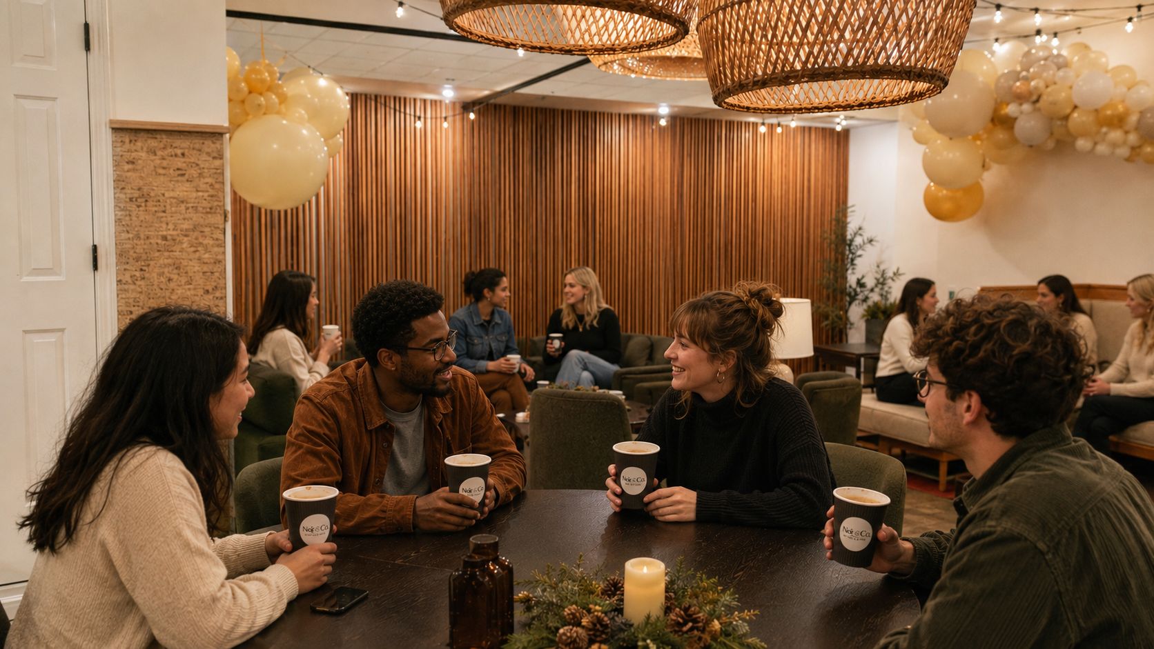Friends gathering over coffee at Noir Bakery & Coffee Co.
