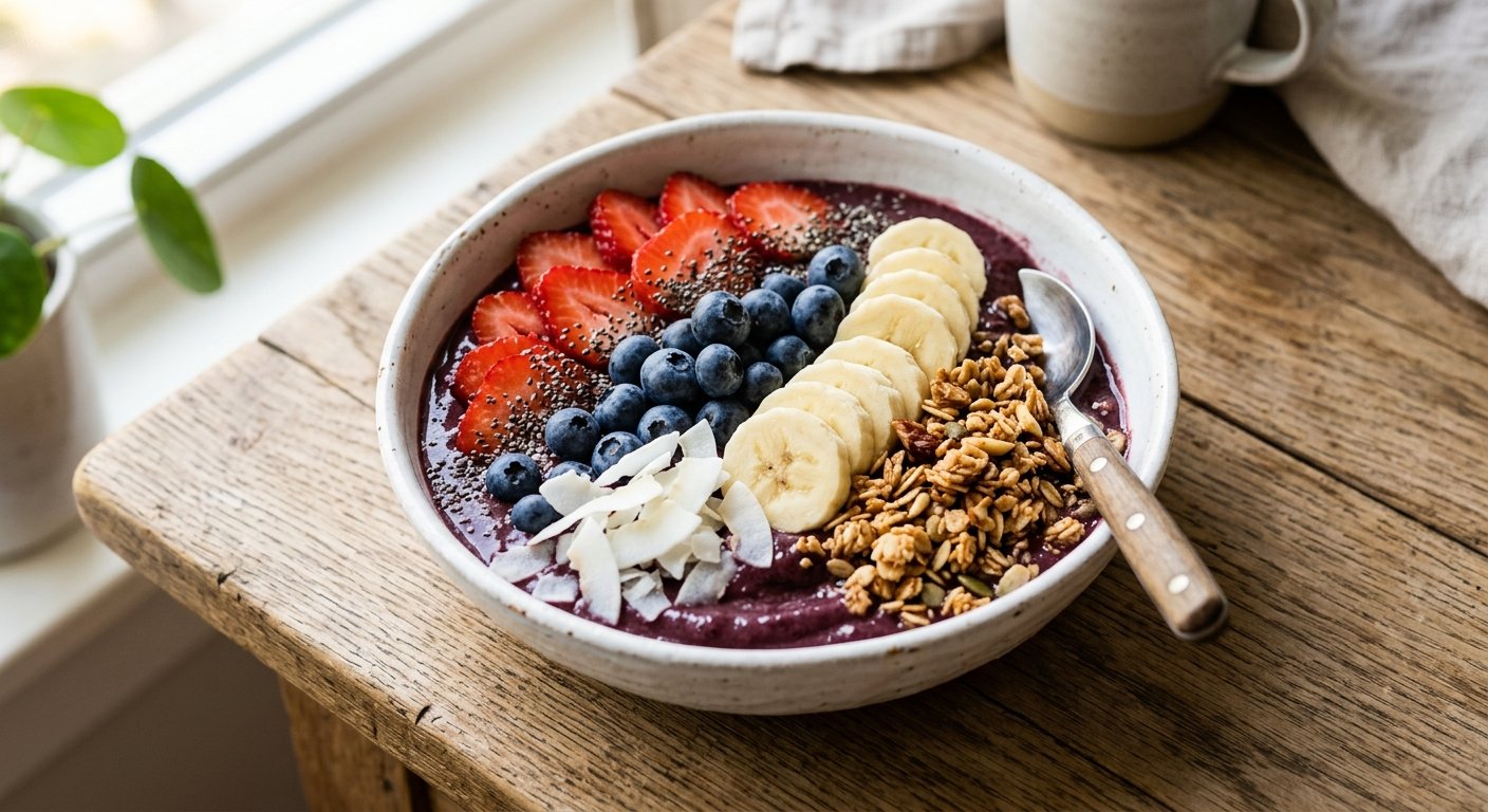 Acai bowl topped with fresh strawberries, blueberries, banana, and granola
