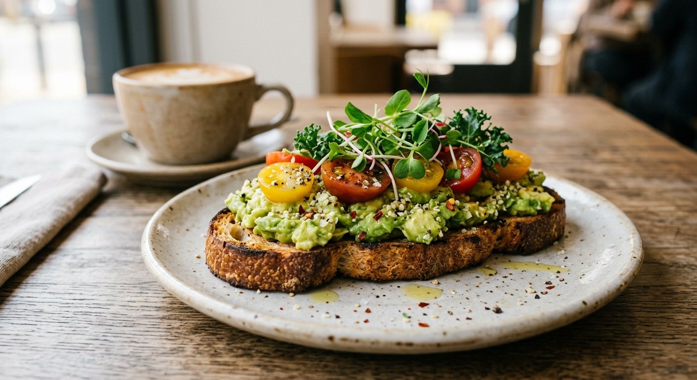 Avocado toast with a poached egg served alongside a latte