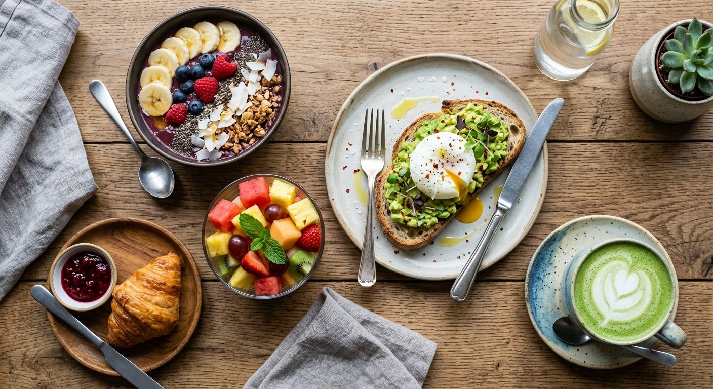 Avocado toast, acai bowl, fresh fruit, and a matcha latte breakfast spread