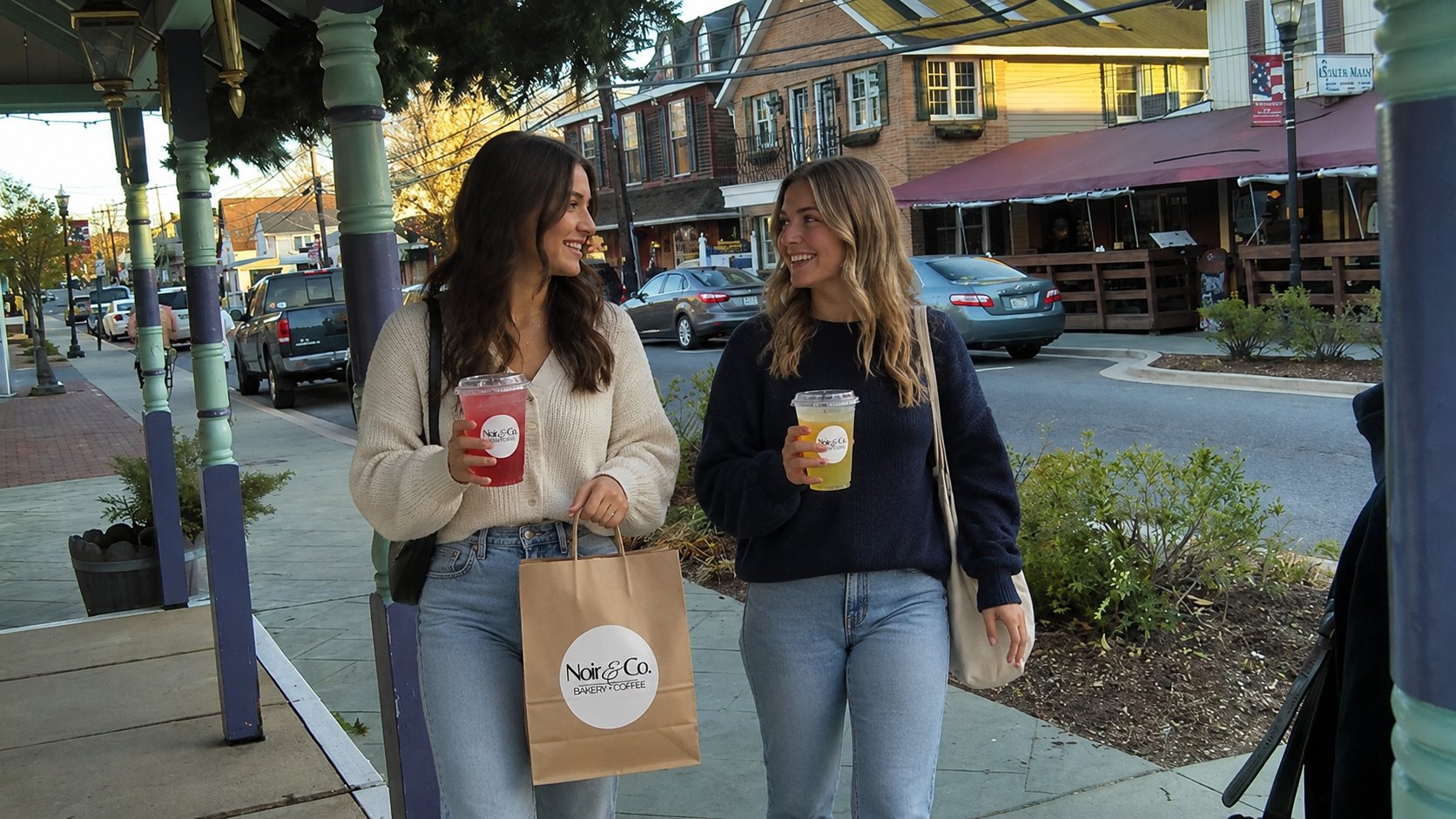 Two friends walking through downtown North East, Maryland with Noir & Co. drinks