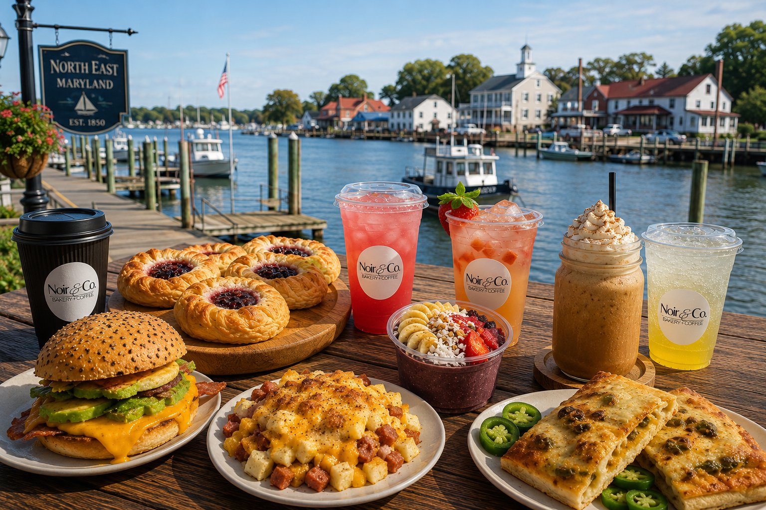 A spread of breakfast sandwiches, pastries, acai bowl, and drinks from Noir Bakery & Coffee Co. on the North East, Maryland waterfront