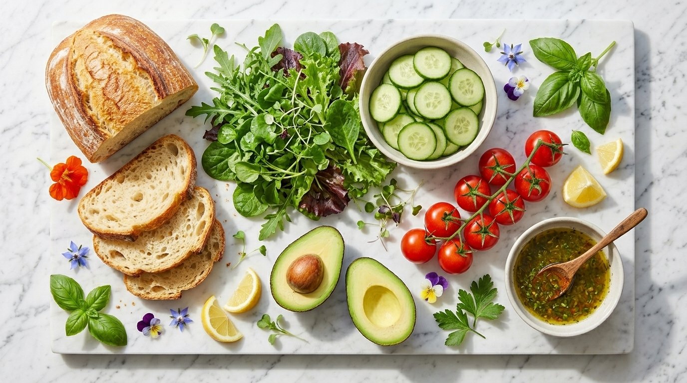 Fresh sourdough bread, salad greens, tomatoes, avocado, and vinaigrette ingredients on a marble board