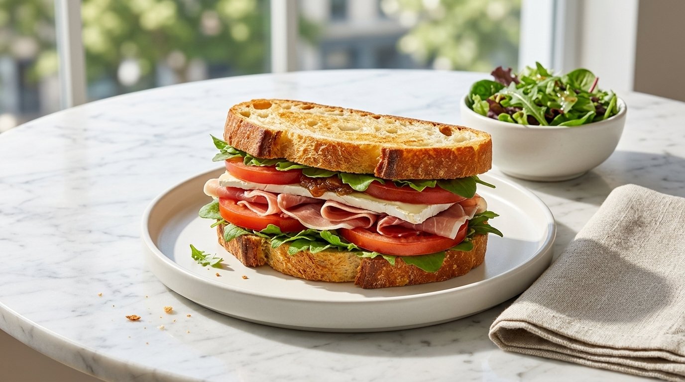 Artisan sandwich with prosciutto, brie, and tomato served with a side salad