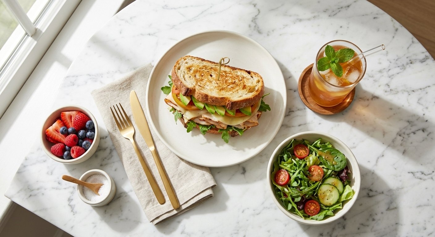Turkey sandwich, fresh salad, and iced tea on a marble café table