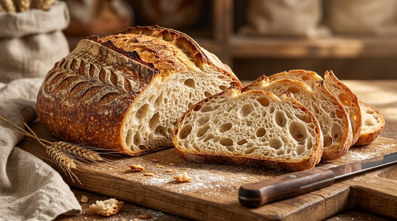 A freshly baked sourdough loaf sliced to reveal an airy crumb