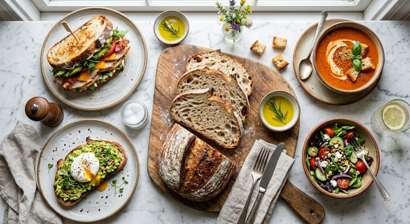 Sourdough bread served with a sandwich, tomato soup, and a fresh salad