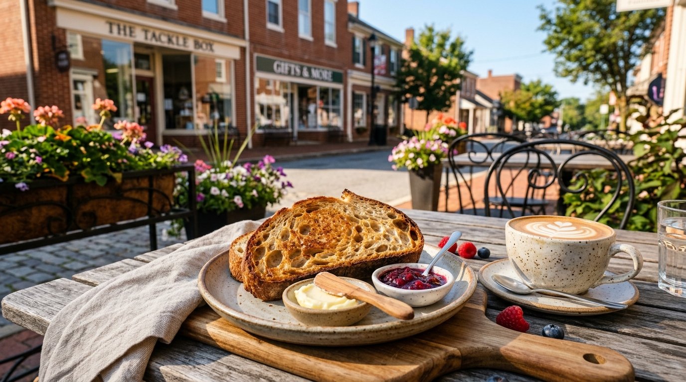 Sourdough toast with jam and a latte at an outdoor café table in North East, Maryland