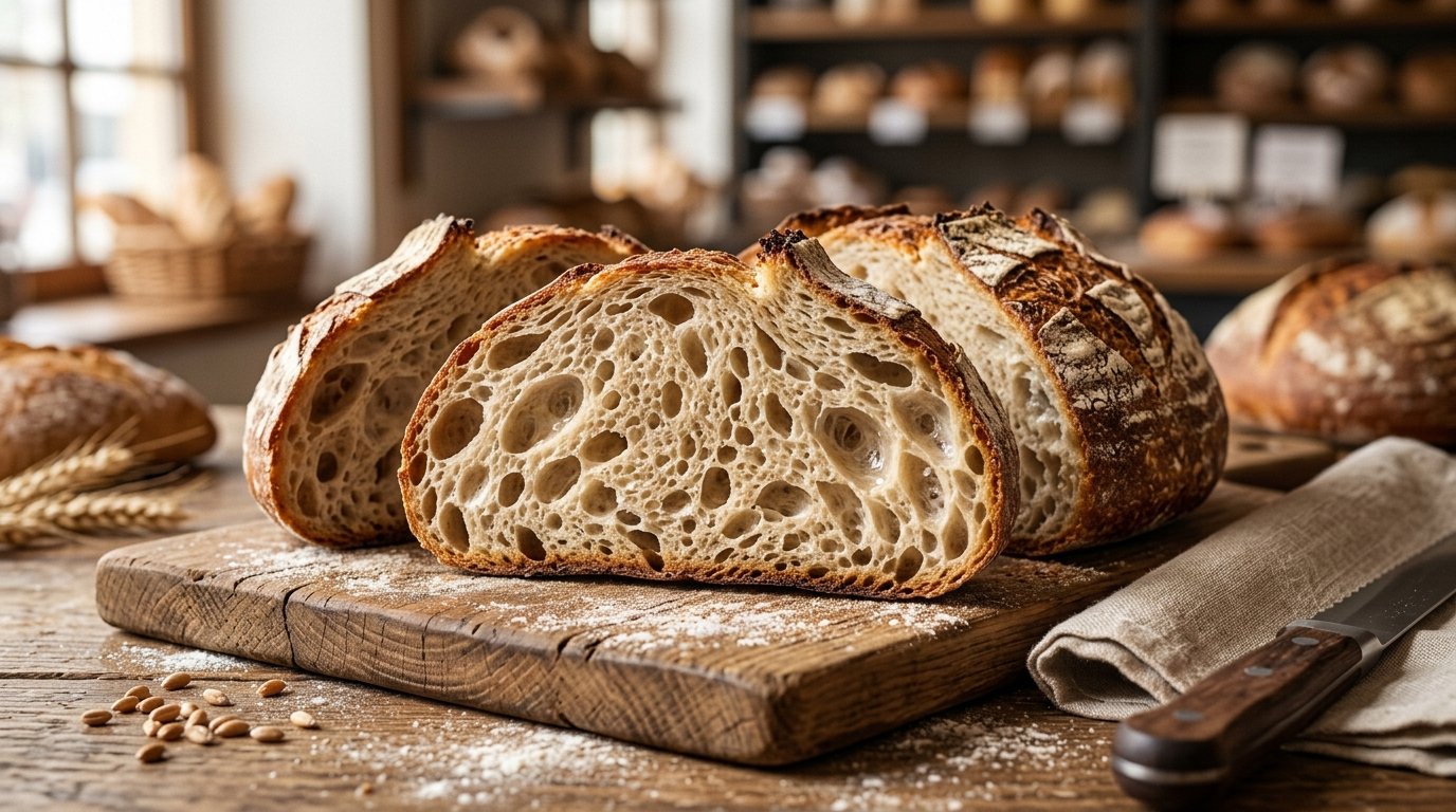 Freshly baked artisan sourdough loaves sliced open on a bakery counter