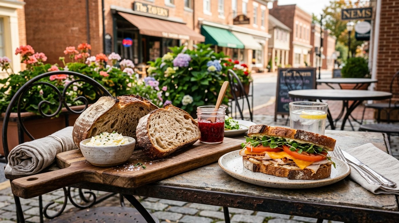 Sourdough bread and a turkey sandwich on an outdoor café table in downtown North East, Maryland